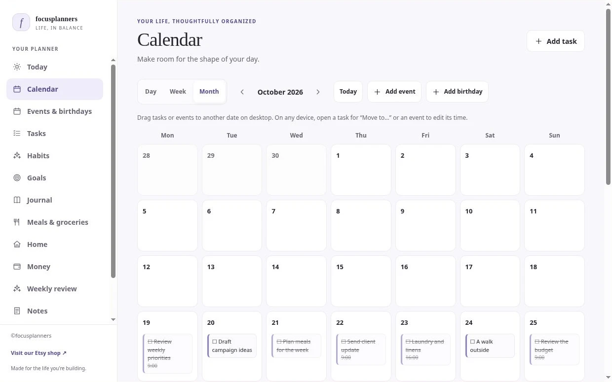Focus Life monthly calendar preview