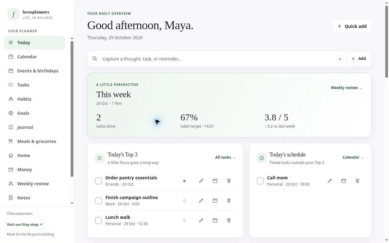 A closer look at the Focus Life Planner dashboard