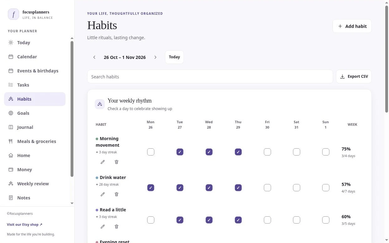 Focus Life habit tracker preview with weekly check-ins