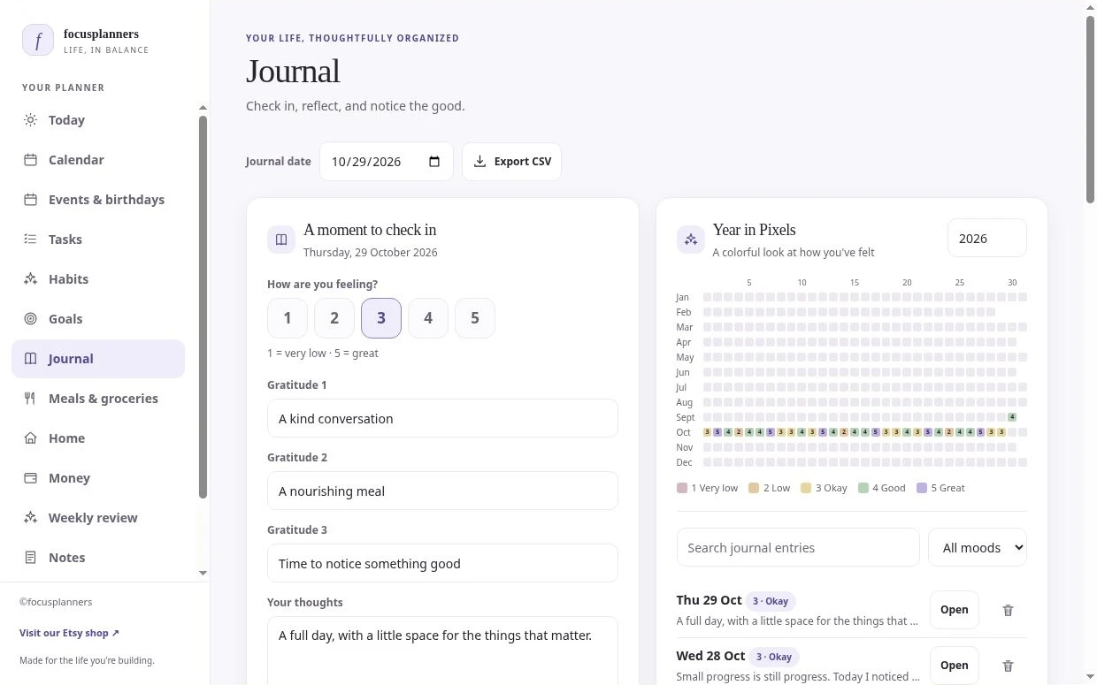 Focus Life journal preview with mood and gratitude prompts
